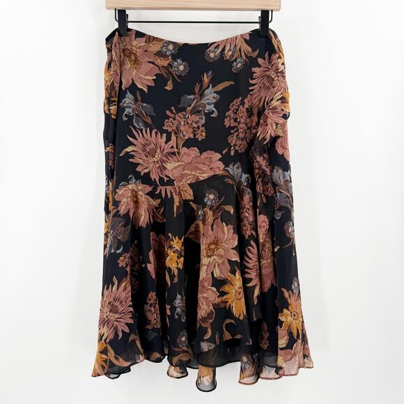 Lauren Ralph Lauren Skirt Size 10 100% Silk Floral Black Tiered Classic Flowy - Picture 1 of 14